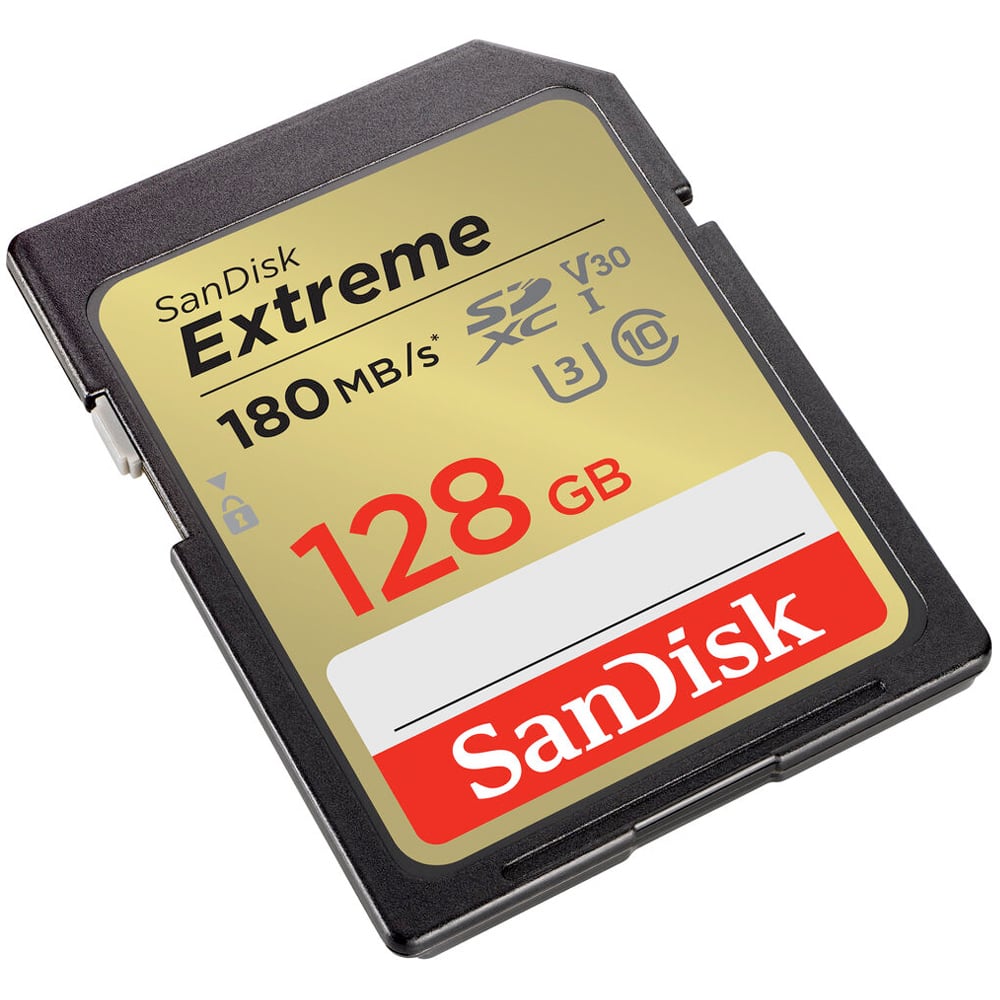 SanDisk Extreme 128GB SD card on a white background