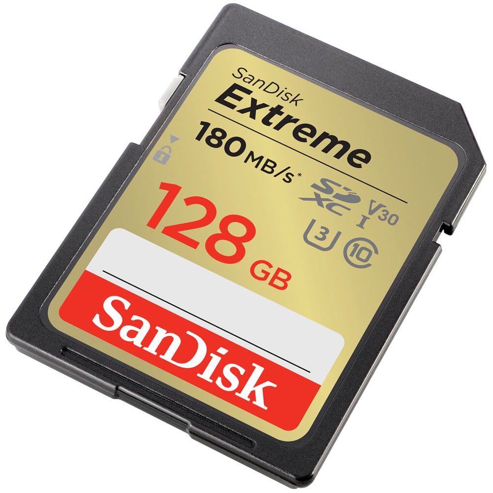 SanDisk Extreme 128GB SD card on a white background