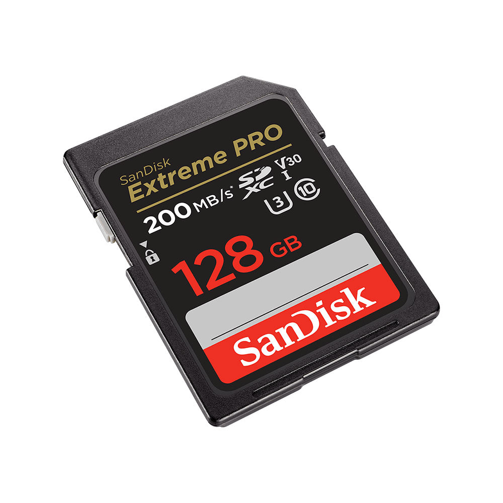 SanDisk Extreme Pro 128GB SD card on a white background