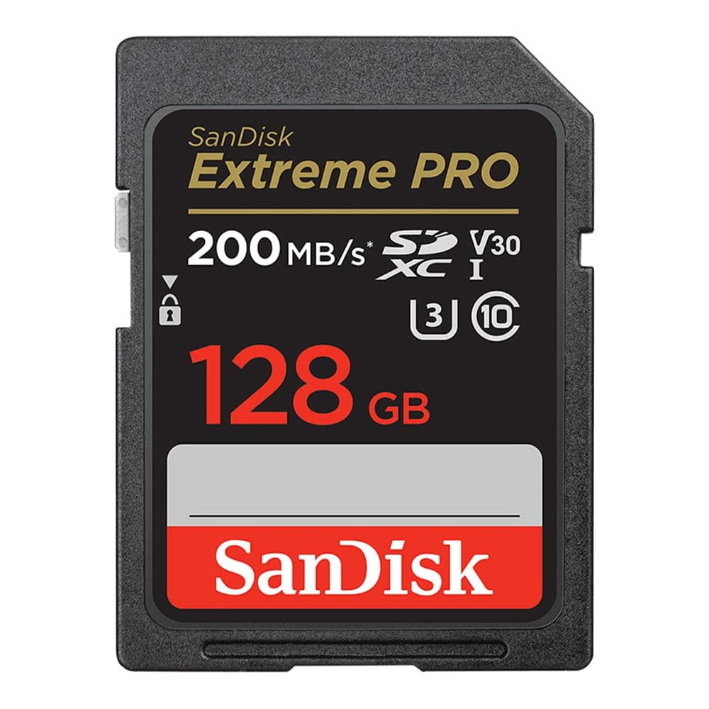SanDisk Extreme PRO 128GB SD card on a white background