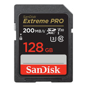 SanDisk Extreme PRO 128GB SD card on a white background