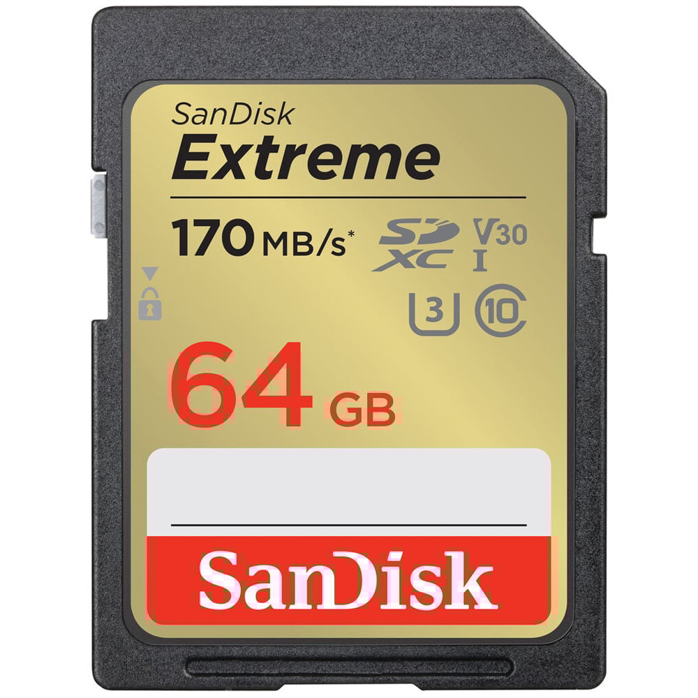 SanDisk Extreme 64GB SD card on a white background