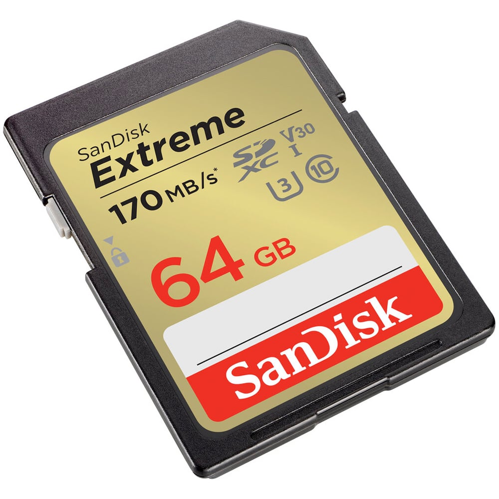 SanDisk Extreme 64GB SD card on a white background