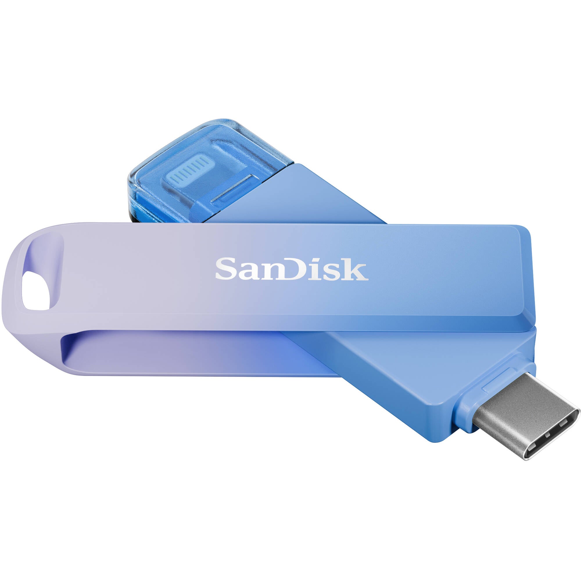 SanDisk Creator Phone Drive 128GB with USB Type-C and Lightning connectors, USB 3.2 Gen 1 interface, max read speed 90 MB/s, compact metal body, compatible with iOS 13+, Android 8+, Windows 10+, and macOS 12+, includes three months of Adobe Lightroom.