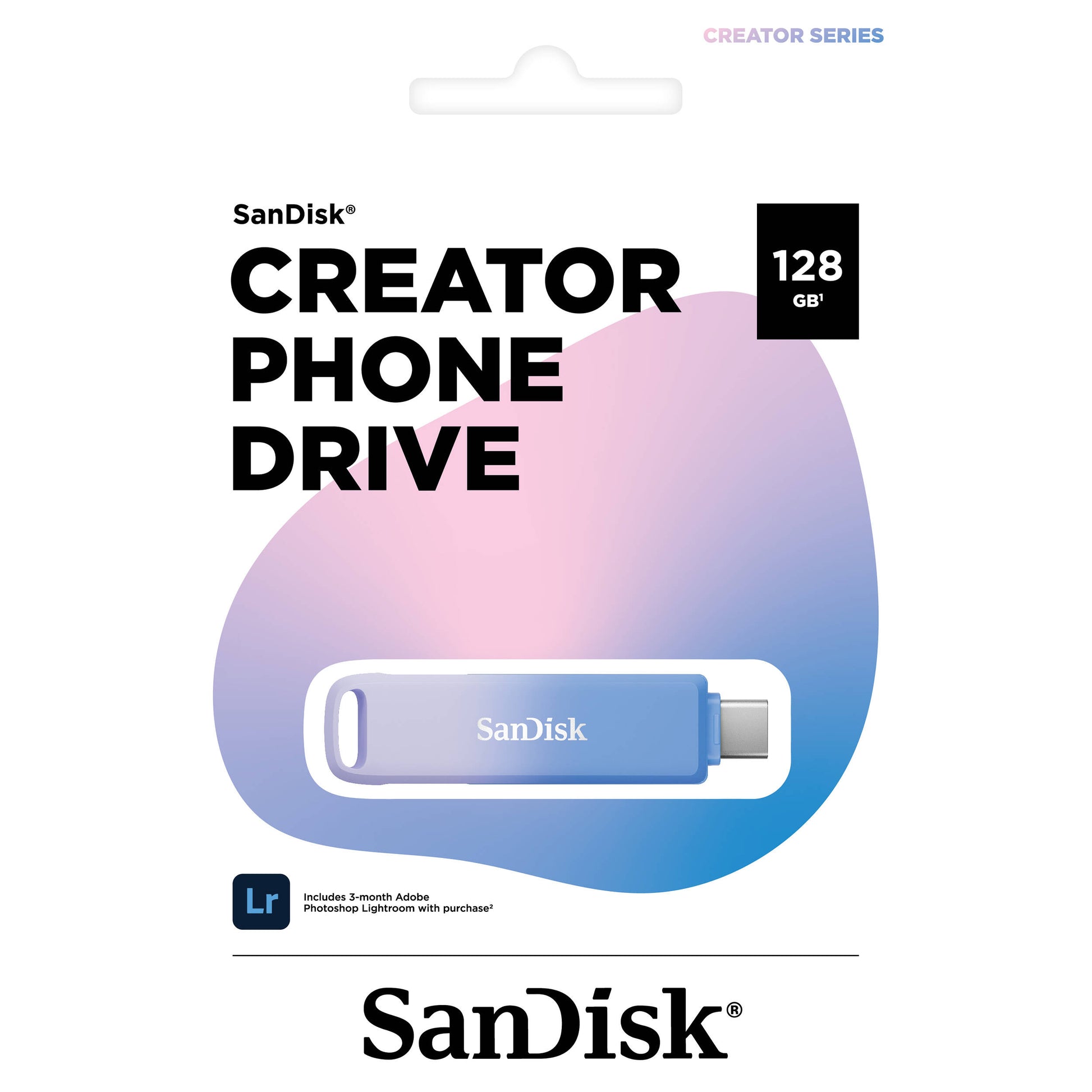 SanDisk Creator Phone Drive 128GB with USB Type-C and Lightning connectors, USB 3.2 Gen 1 interface, max read speed 90 MB/s, compact metal body, compatible with iOS 13+, Android 8+, Windows 10+, and macOS 12+, includes three months of Adobe Lightroom.