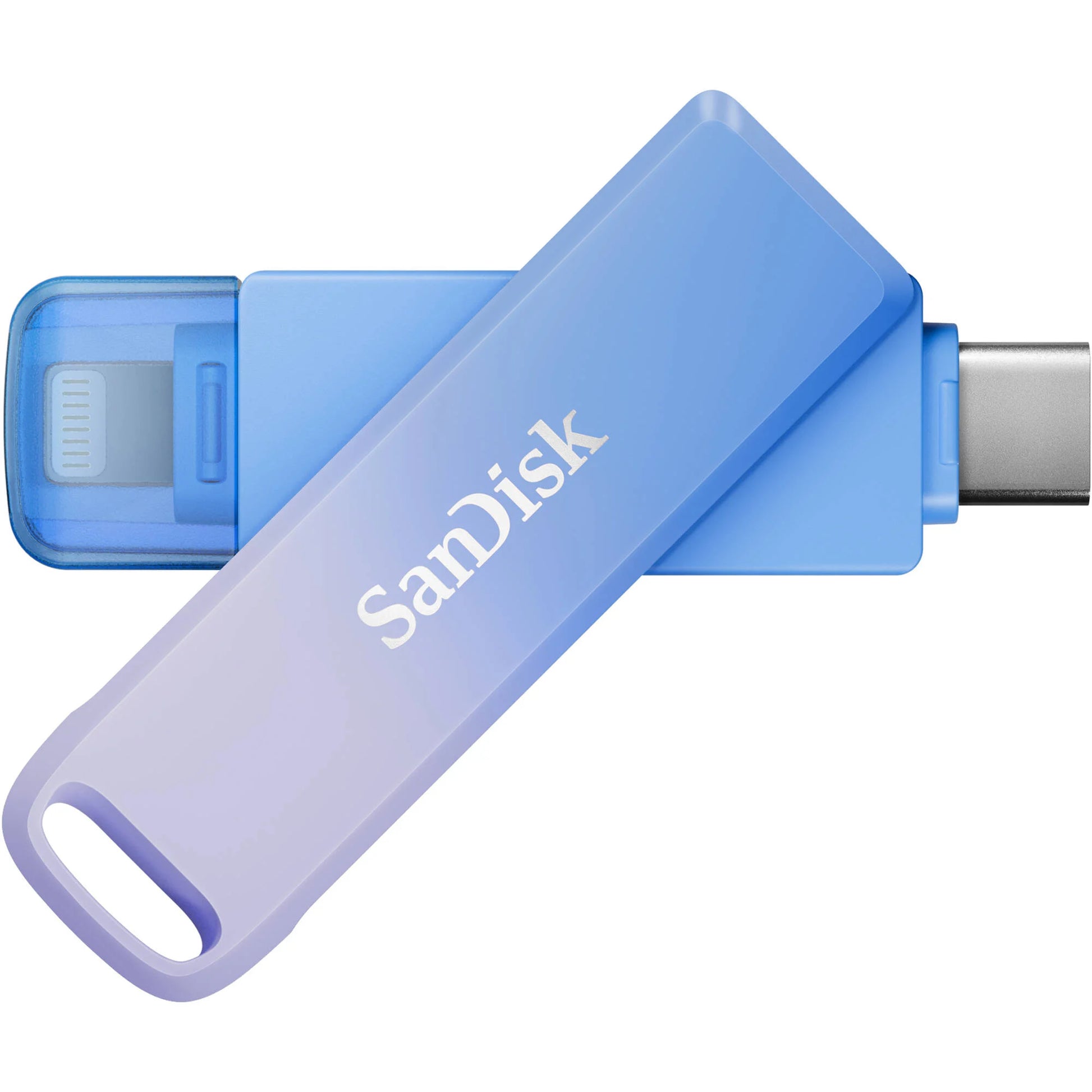 SanDisk Creator Phone Drive 256GB with USB Type-C and Lightning connectors, USB 3.2 Gen 1 interface, max read speed 90 MB/s, compact metal design, compatible with iOS 13+, Android 8+, Windows 10+, macOS 12+, includes three months of Adobe Lightroom.