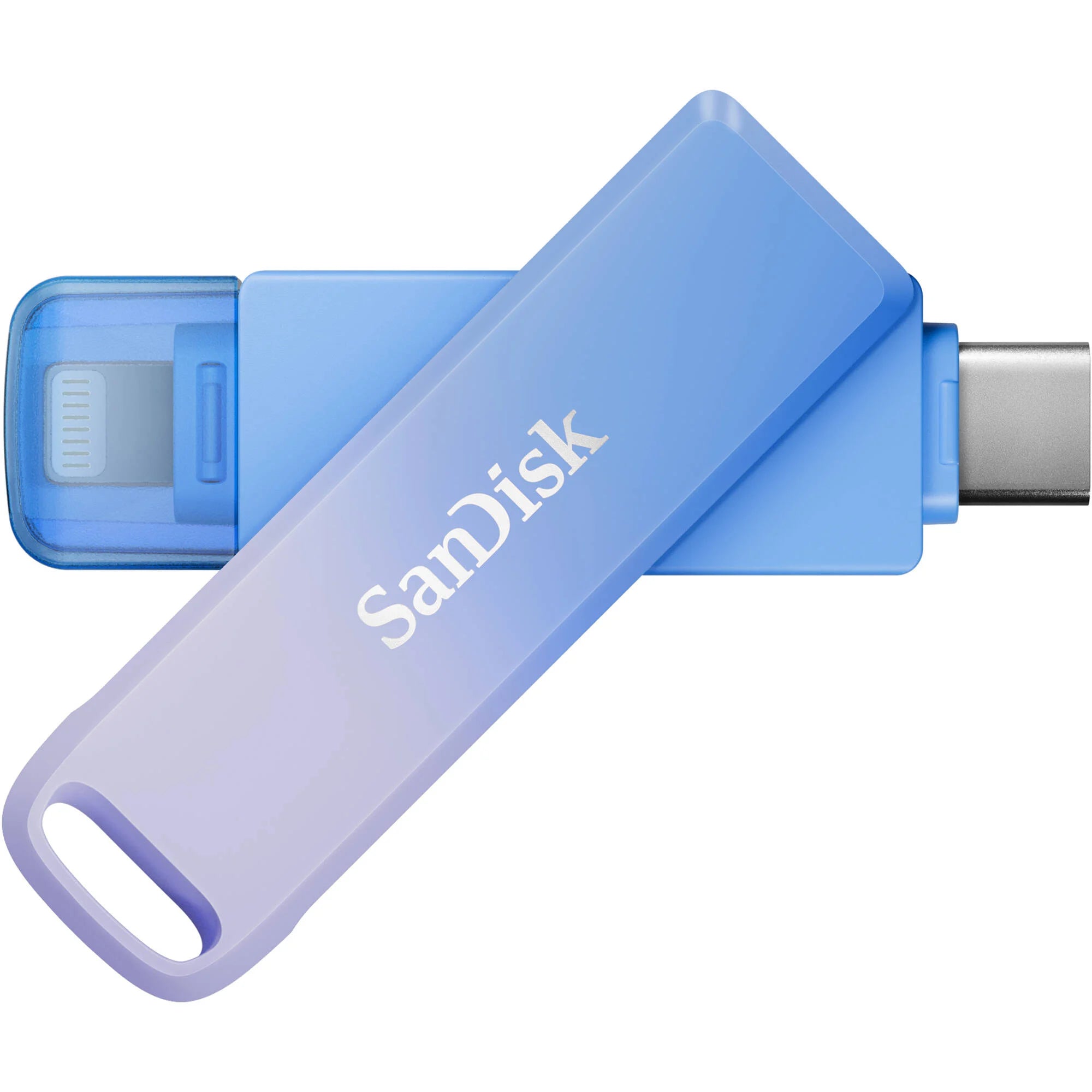 SanDisk Creator Phone Drive 256GB with USB Type-C and Lightning connectors, USB 3.2 Gen 1 interface, max read speed 90 MB/s, compact metal design, compatible with iOS 13+, Android 8+, Windows 10+, macOS 12+, includes three months of Adobe Lightroom.