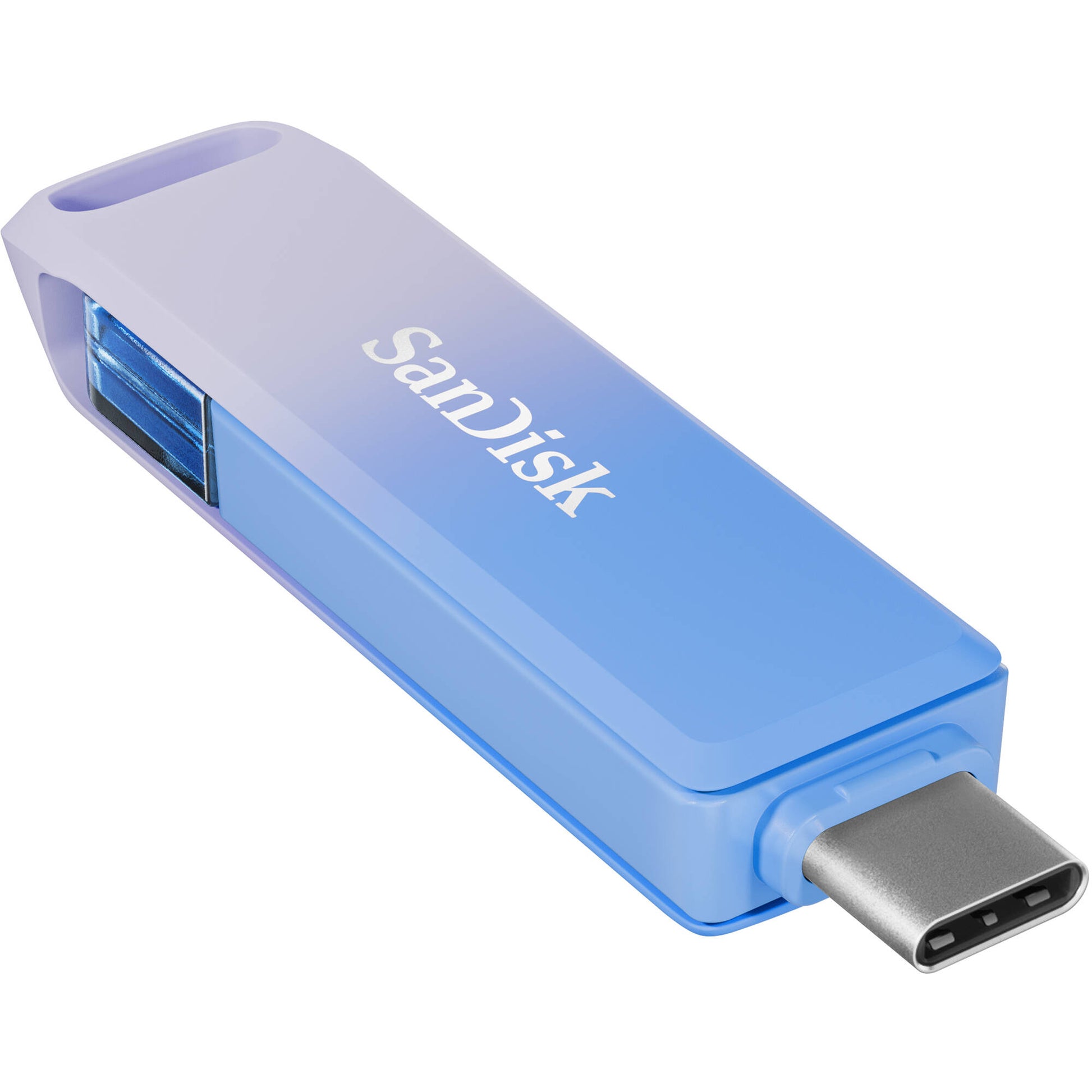 SanDisk Creator Phone Drive 256GB with USB Type-C and Lightning connectors, USB 3.2 Gen 1 interface, max read speed 90 MB/s, compact metal design, compatible with iOS 13+, Android 8+, Windows 10+, macOS 12+, includes three months of Adobe Lightroom.