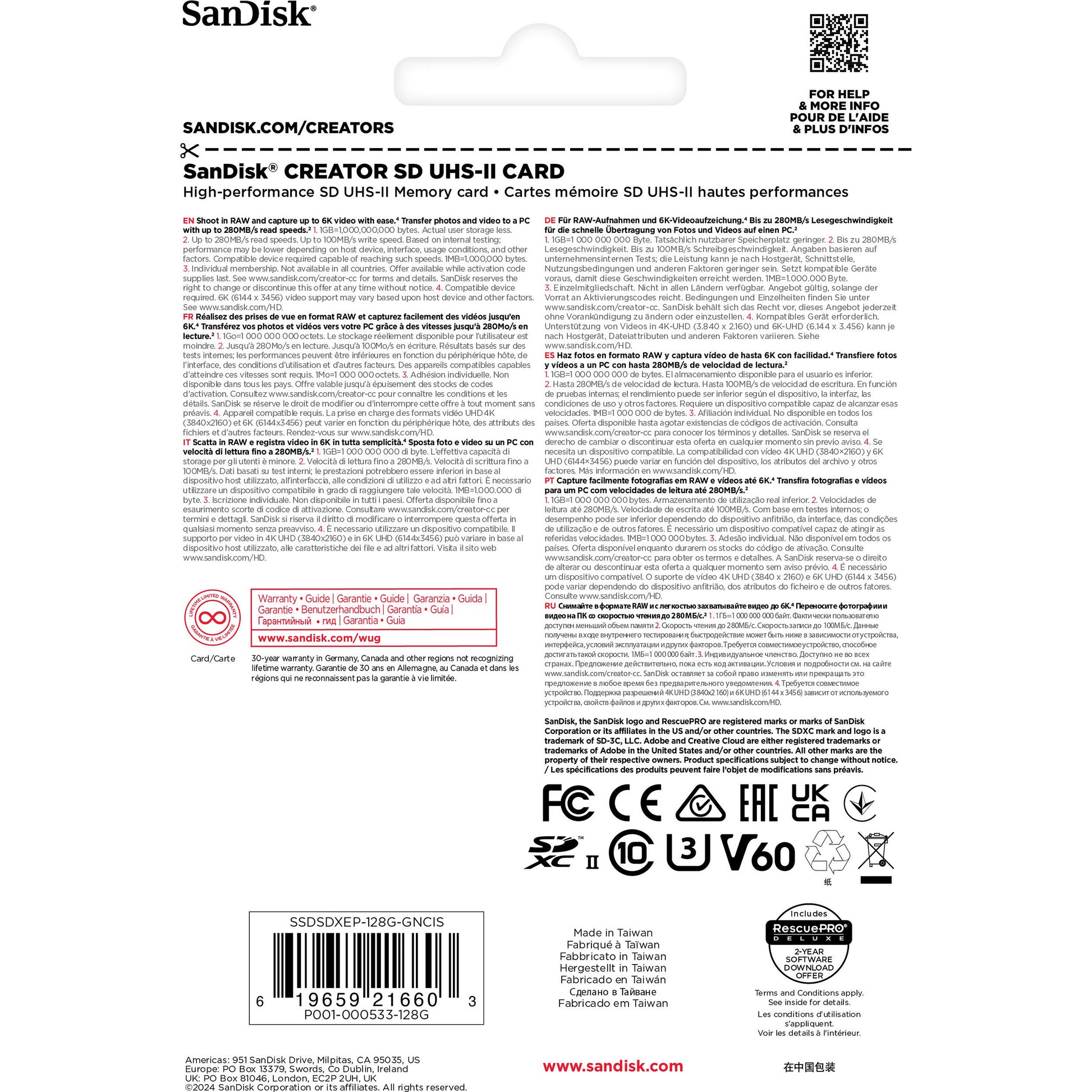 SanDisk Creator UHS-II SDXC Memory Card – high-speed storage solution designed for content creators, with fast read/write speeds and 4K video support.