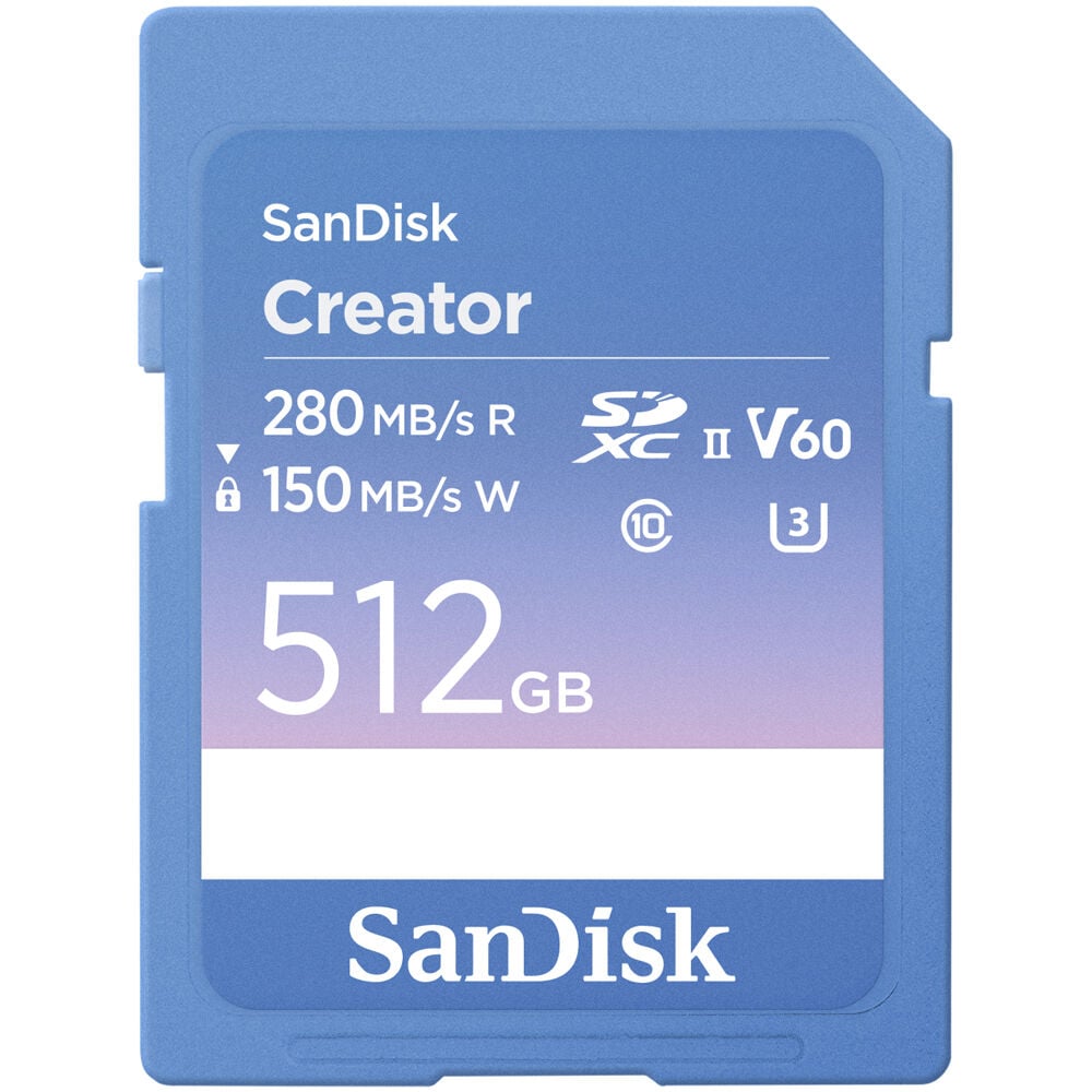 SanDisk Creator UHS-II SDXC Memory Card – high-speed storage solution designed for content creators, with fast read/write speeds and 4K video support.