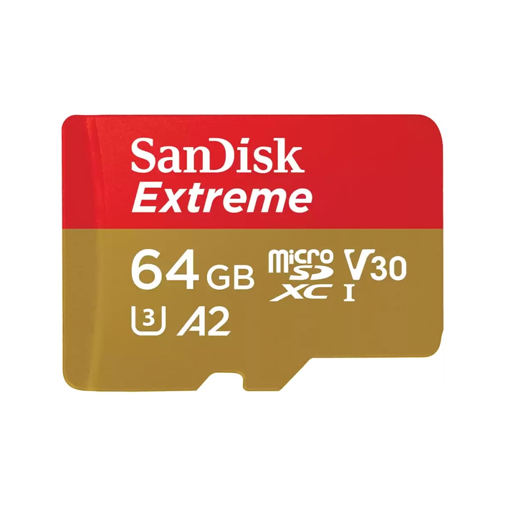 SanDisk Extreme microSDXC card with red and gold design on a white background