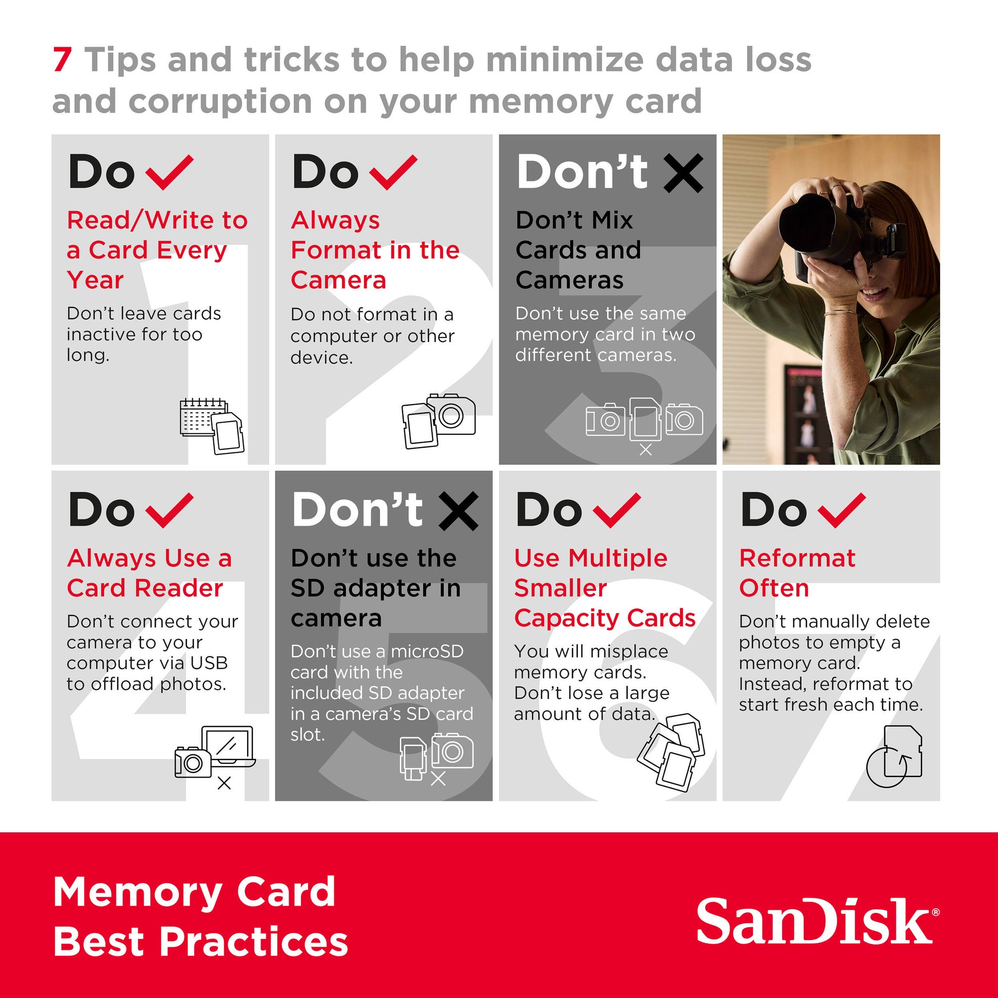 SanDisk infographic on memory card best practices with tips and tricks to minimize data loss and corruption.
