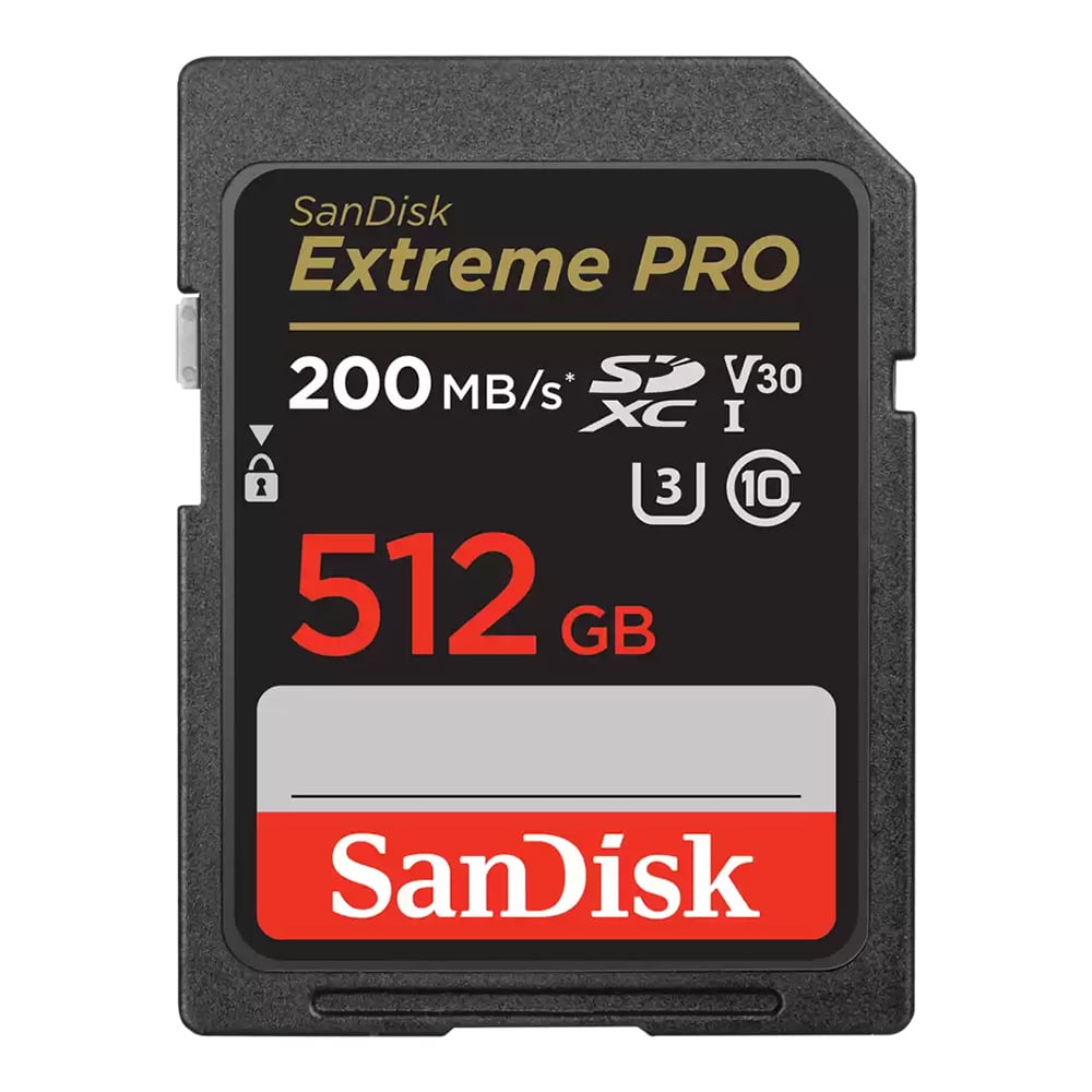 SanDisk Extreme Pro 512GB SD card on a white background