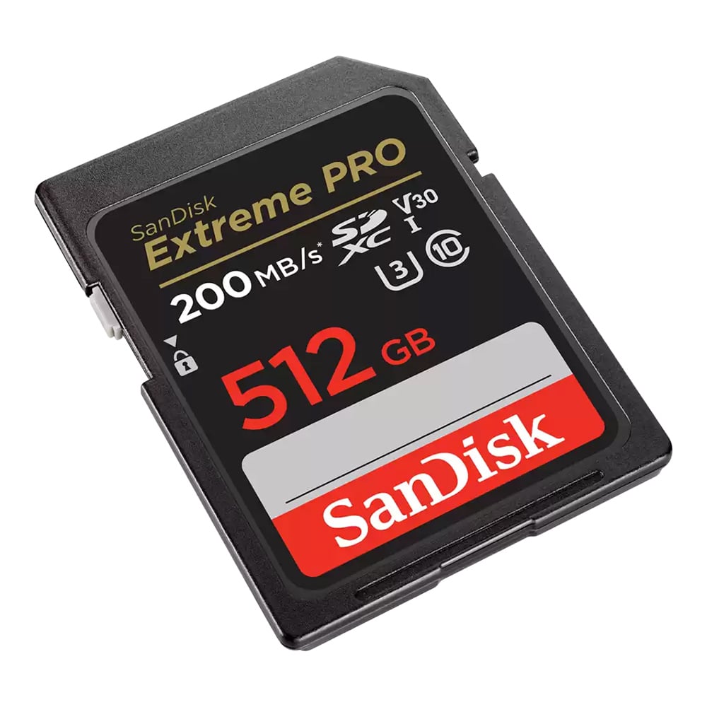SanDisk Extreme Pro SD card with 512GB capacity on a white background