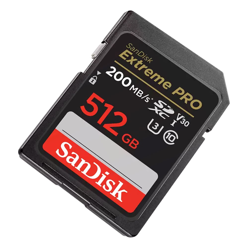 SanDisk Extreme Pro SD card with 512GB capacity on a white background