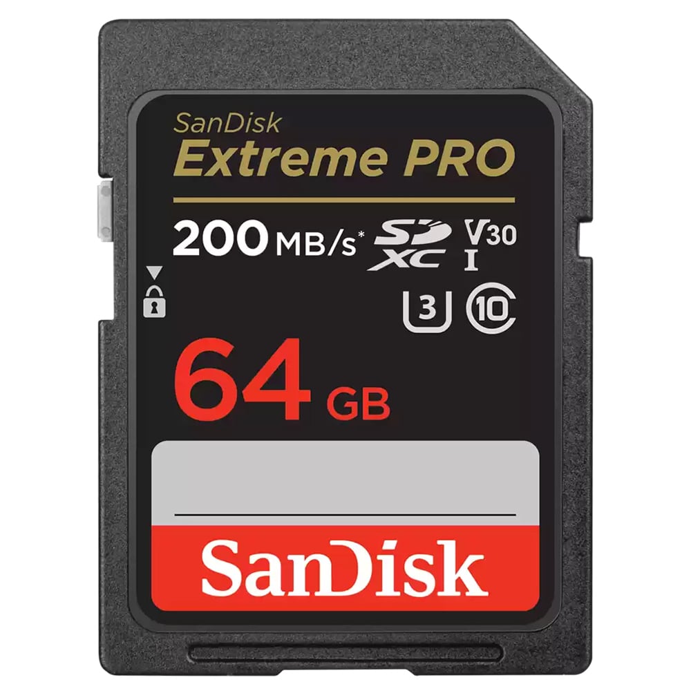 SanDisk Extreme Pro 64GB SD card on a white background