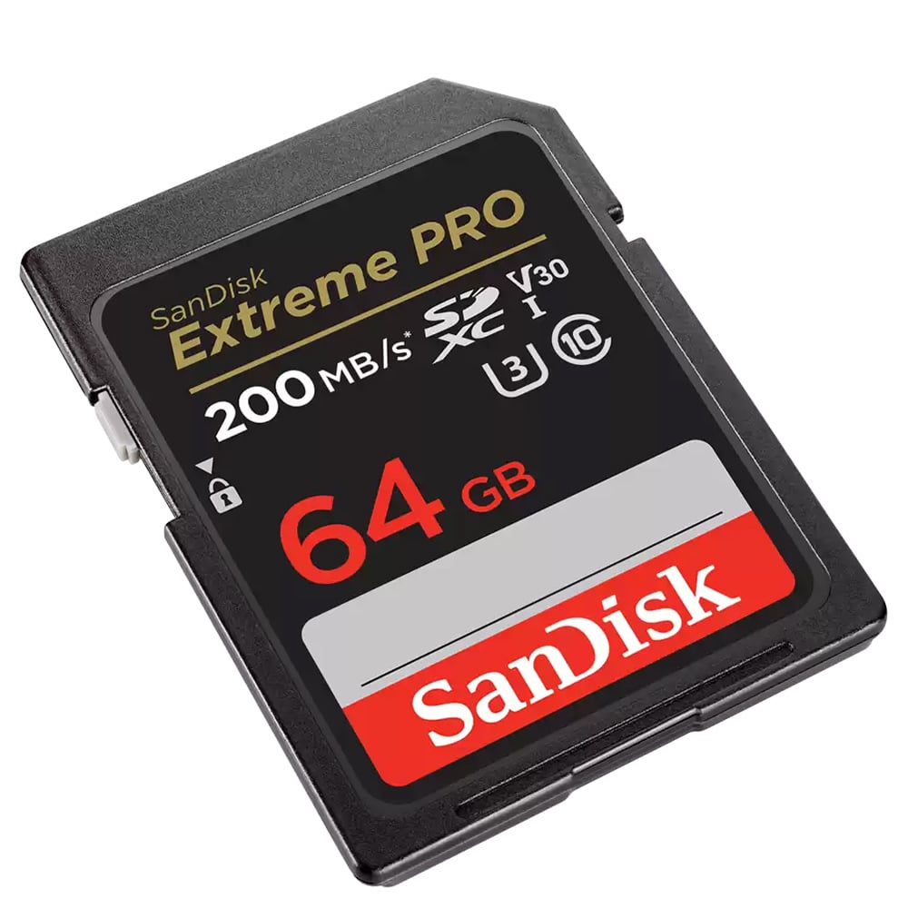 SanDisk Extreme Pro 64GB SD card on a white background