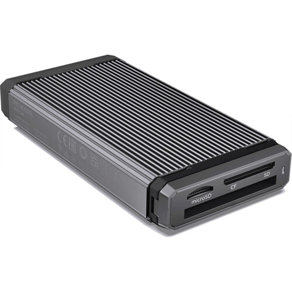 Black external hard drive and card reader on a white background