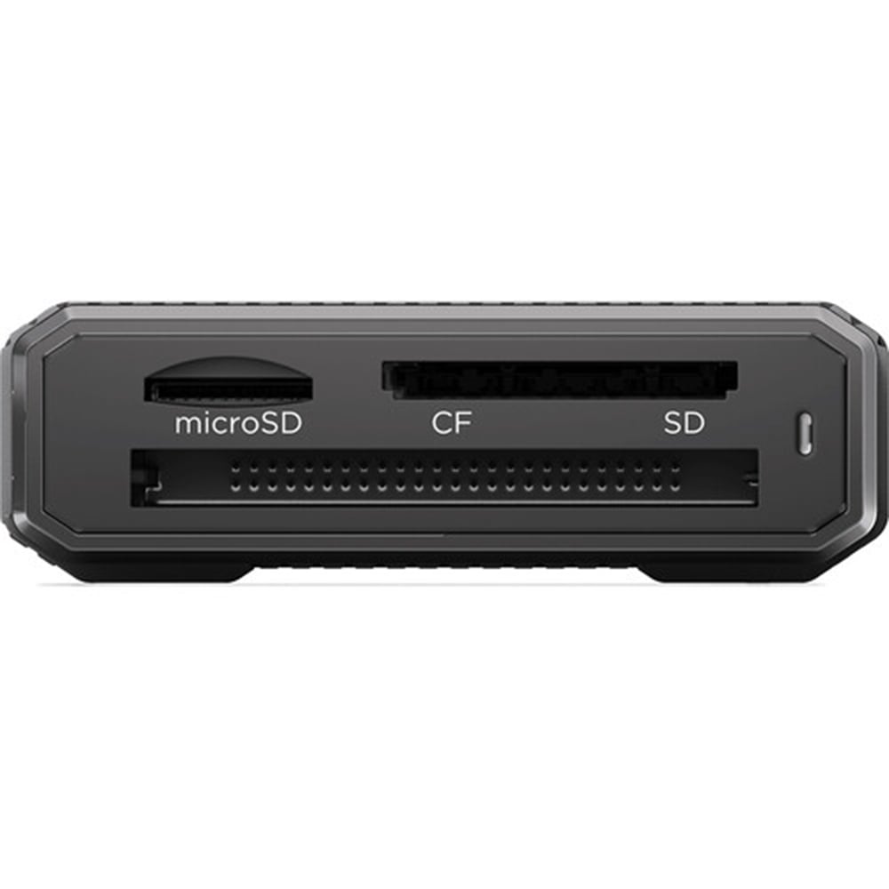 Black card reader with microSD, CF, and SD slots on a white background