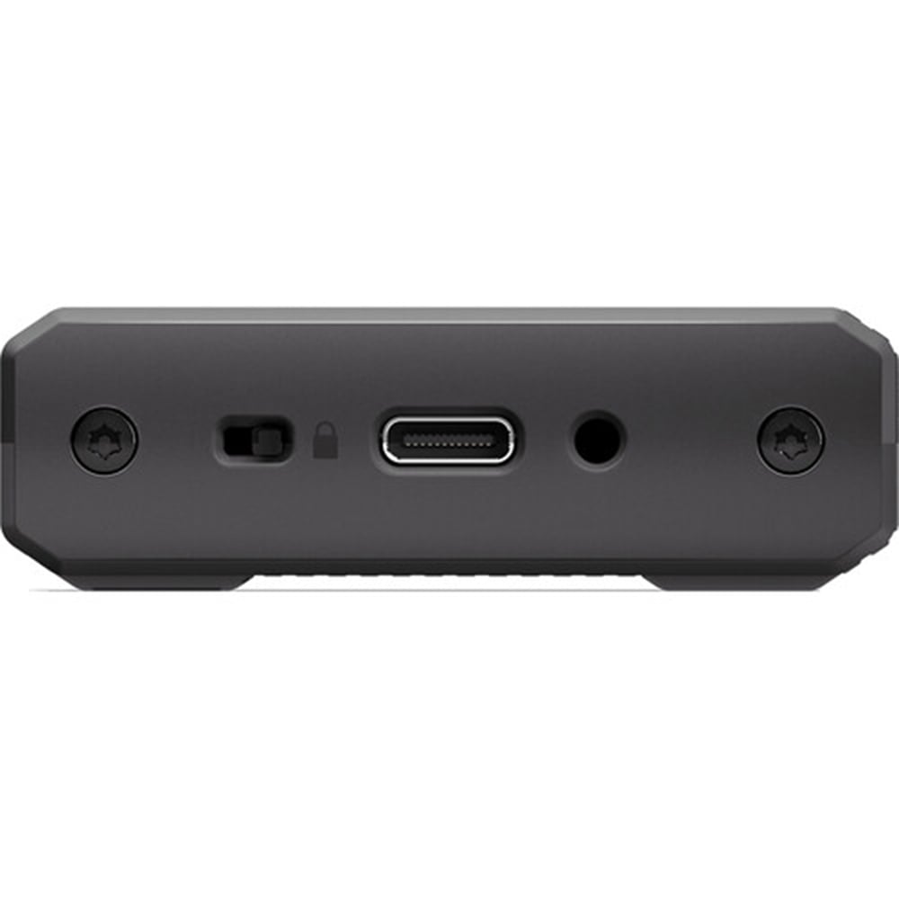 Black electronic device with ports on a white background