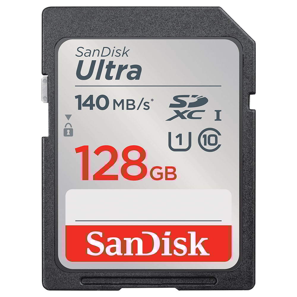 SanDisk Ultra 128GB SD card on a white background