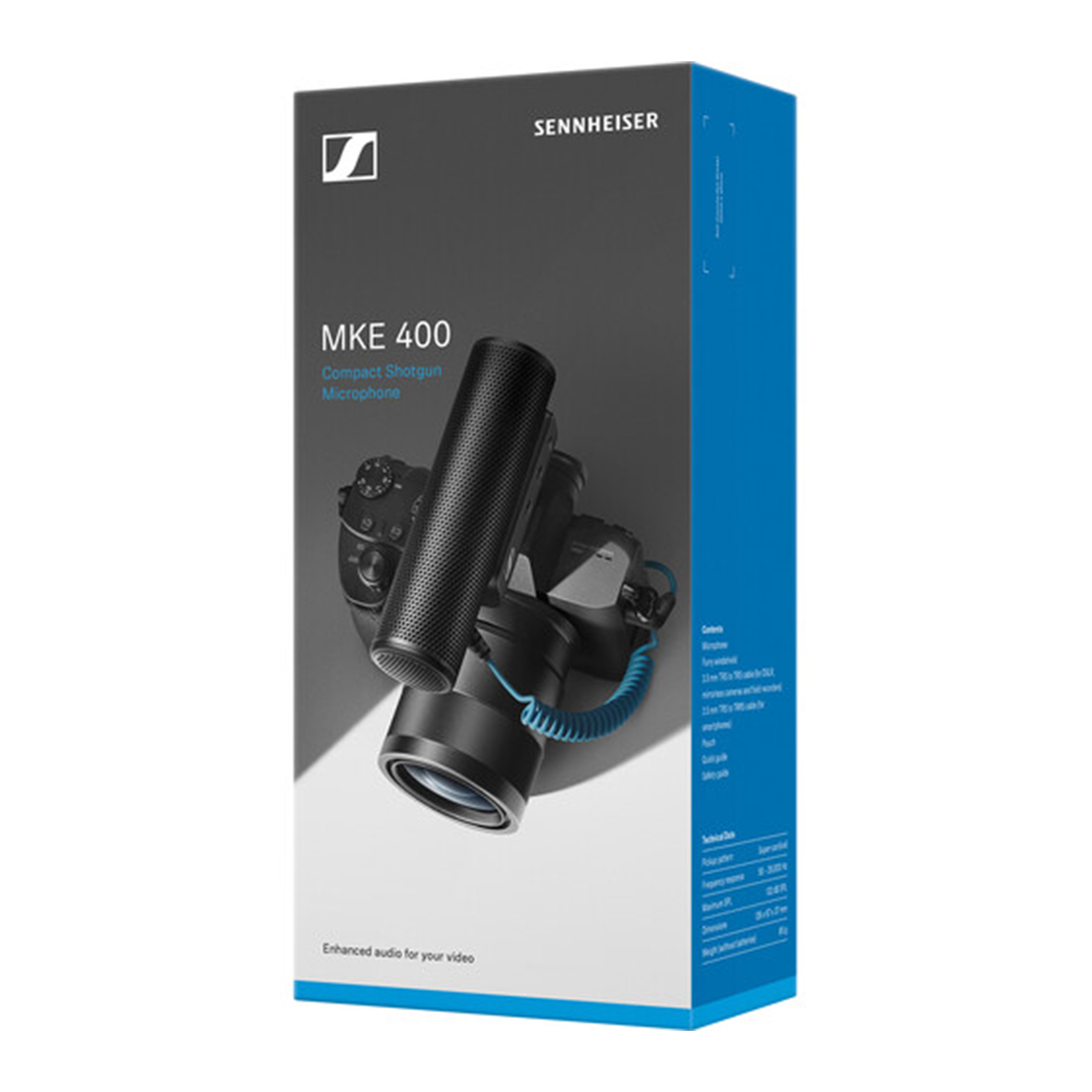 Sennheiser MKE 400 II – a compact on-camera shotgun microphone delivering directional audio capture with built-in wind protection and shock absorption.