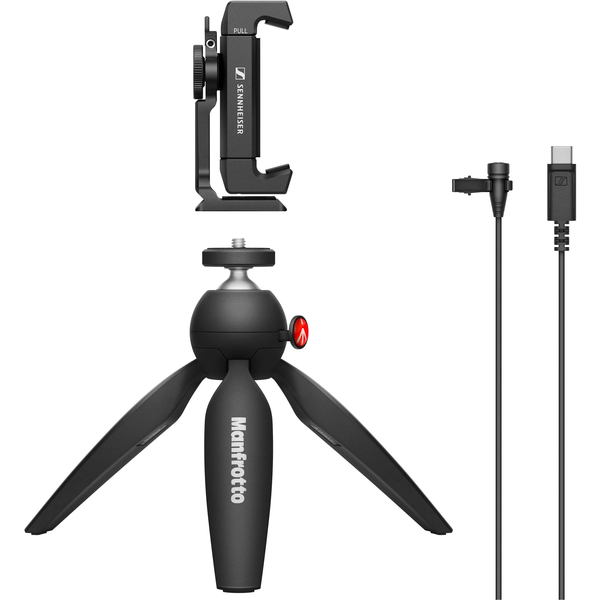 Sennheiser XS Lav USB-C Mobile Kit including omnidirectional clip-on condenser microphone with 2m cable, USB-C connector, high-quality natural sound, smartphone clamp with cold shoe mount, and Manfrotto PIXI mini tripod for versatile mobile content creation.