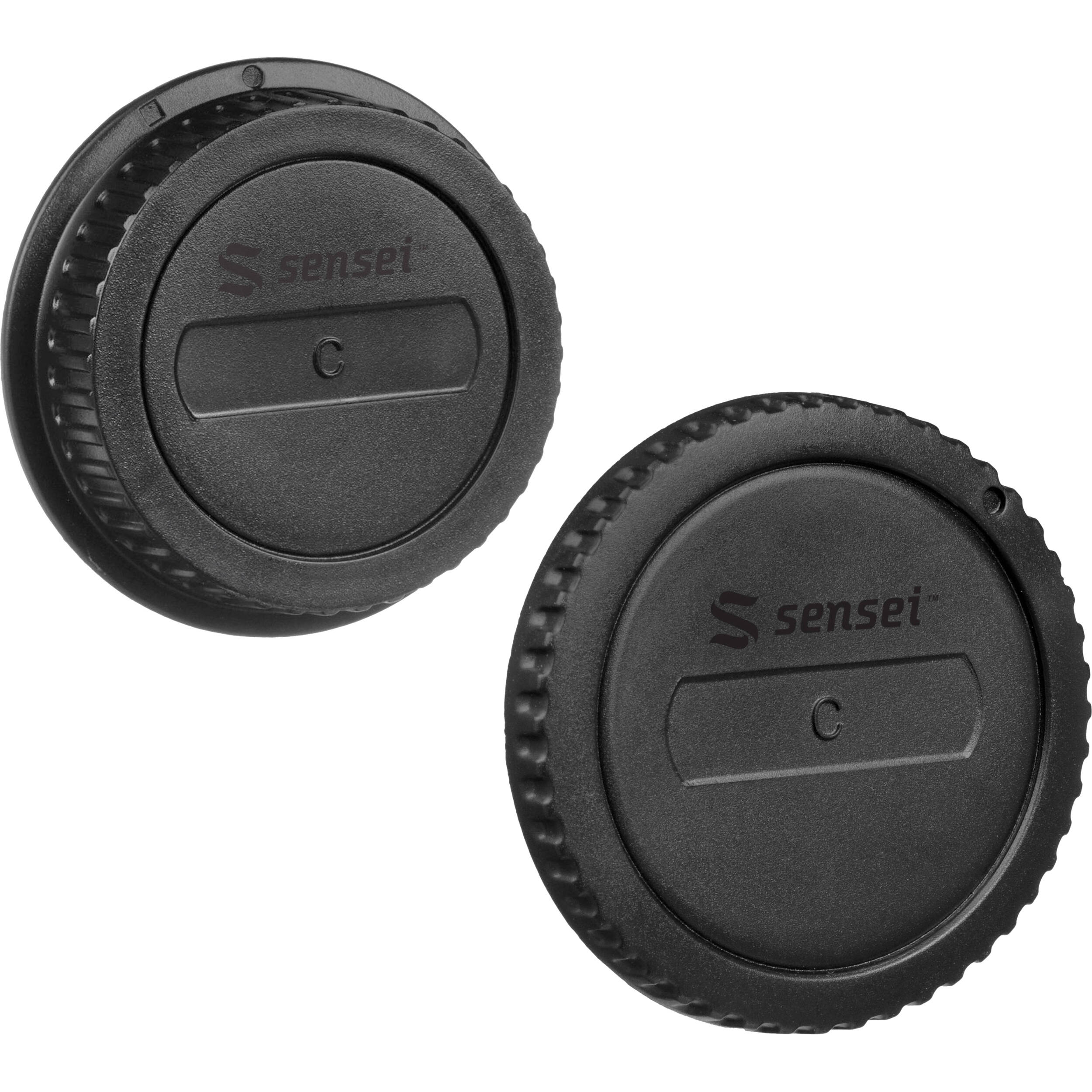 Sensei Body and Rear Lens Cap Kit featuring black plastic protective caps for camera body mount and lens rear element, protecting sensor and lens contacts from dust, scratches, moisture, with finger-grip edges for easy removal and replacement.