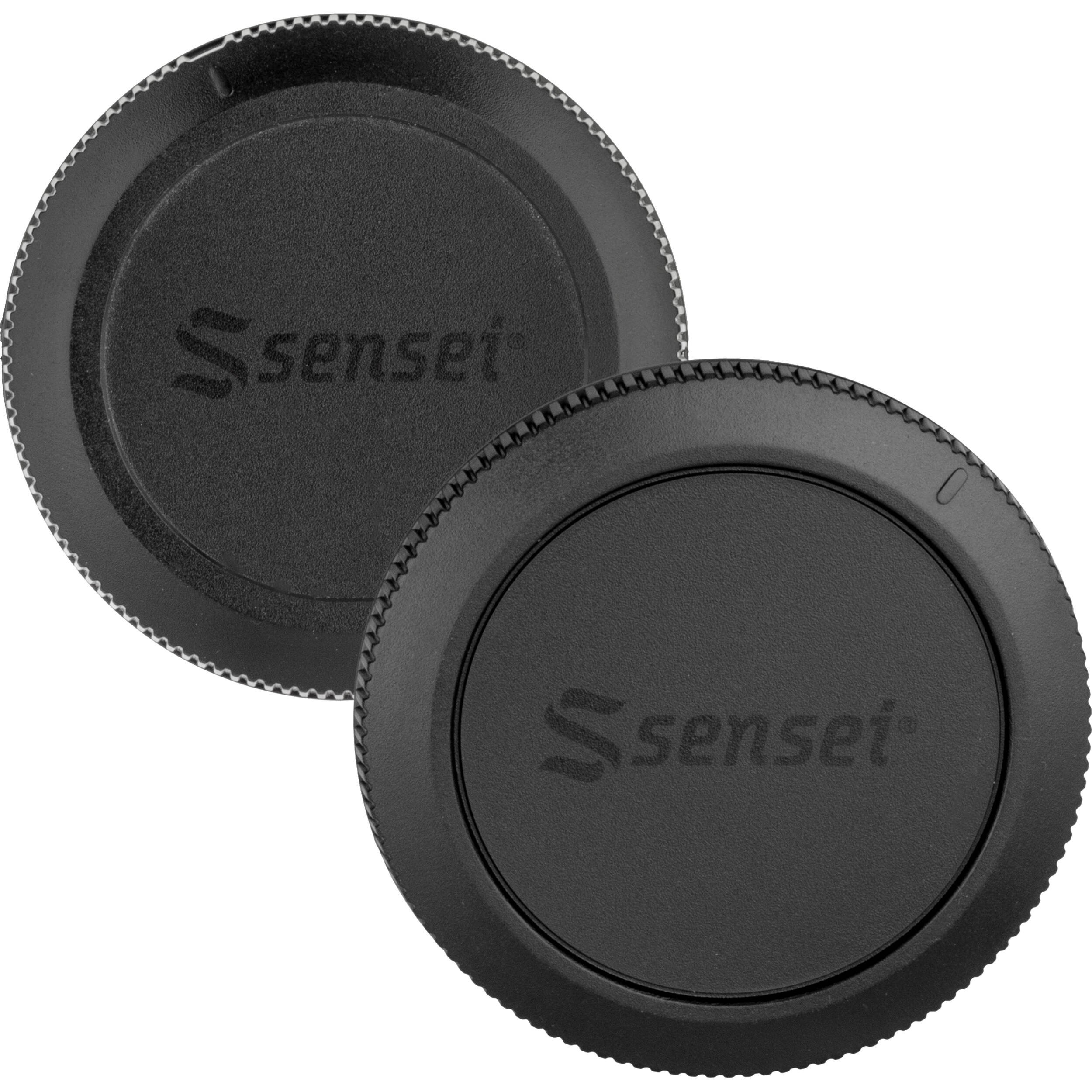 Sensei Body and Rear Lens Cap Kit featuring black plastic protective caps for camera body mount and lens rear element, protecting sensor and lens contacts from dust, scratches, moisture, with finger-grip edges for easy removal and replacement.