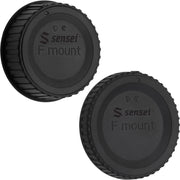 Sensei Body and Rear Lens Cap Kit featuring black plastic protective caps for camera body mount and lens rear element, protecting sensor and lens contacts from dust, scratches, moisture, with finger-grip edges for easy removal and replacement.