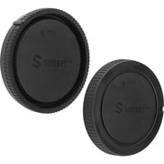 Sensei Body and Rear Lens Cap Kit for Sony E-Mount featuring black plastic protective caps for camera body mount and lens rear element, protecting sensor and lens contacts from dust, scratches, moisture, with finger-grip edges for easy removal and replacement.