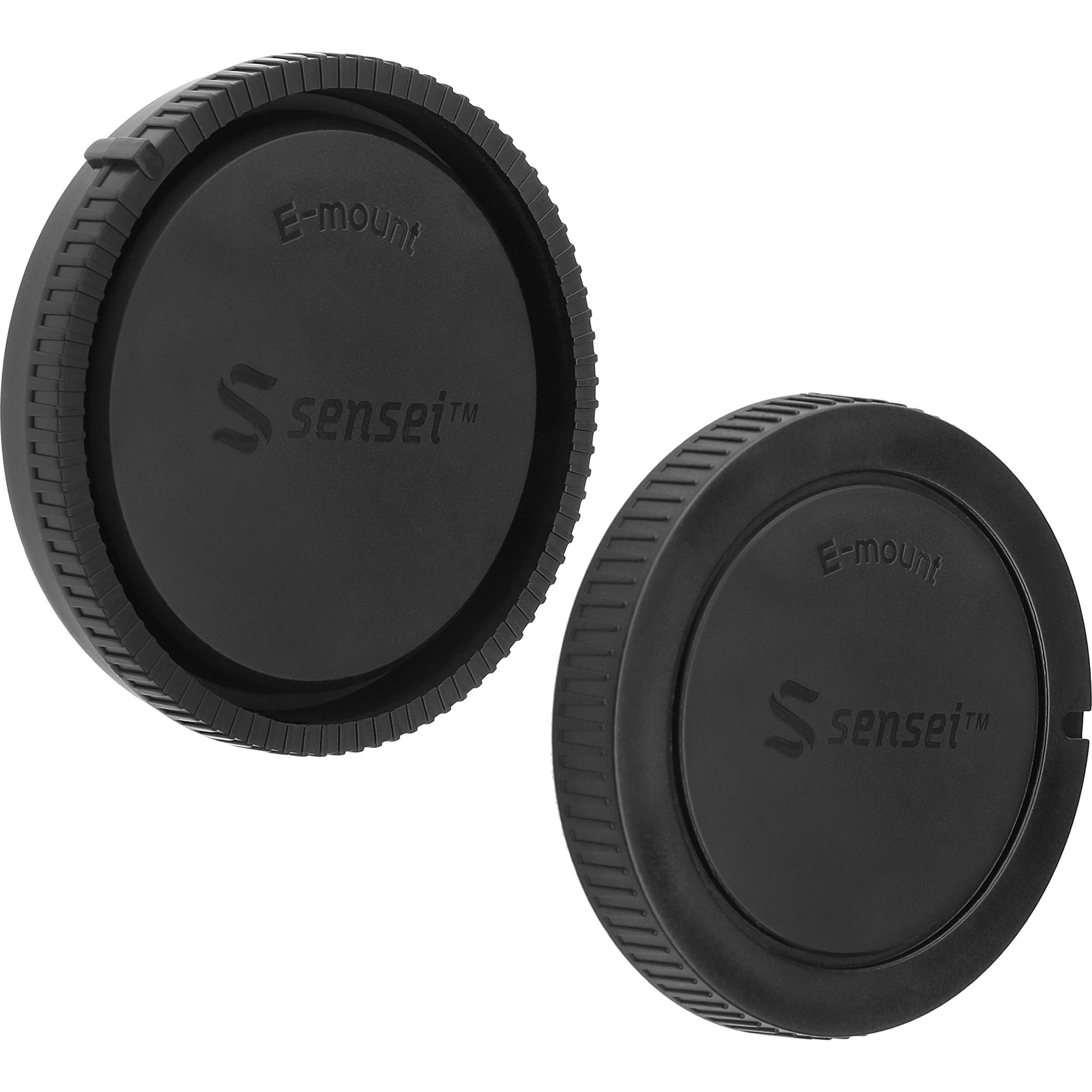 Sensei Body and Rear Lens Cap Kit for Sony E-Mount featuring black plastic protective caps for camera body mount and lens rear element, protecting sensor and lens contacts from dust, scratches, moisture, with finger-grip edges for easy removal and replacement.