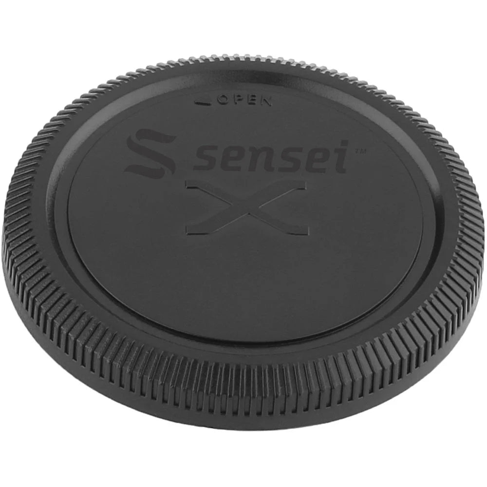 Sensei Body Cap with durable black plastic that securely fits on lens mount to protect camera sensor and internal components from dust, moisture, and damage, with finger-grip edges for easy attachment and removal.