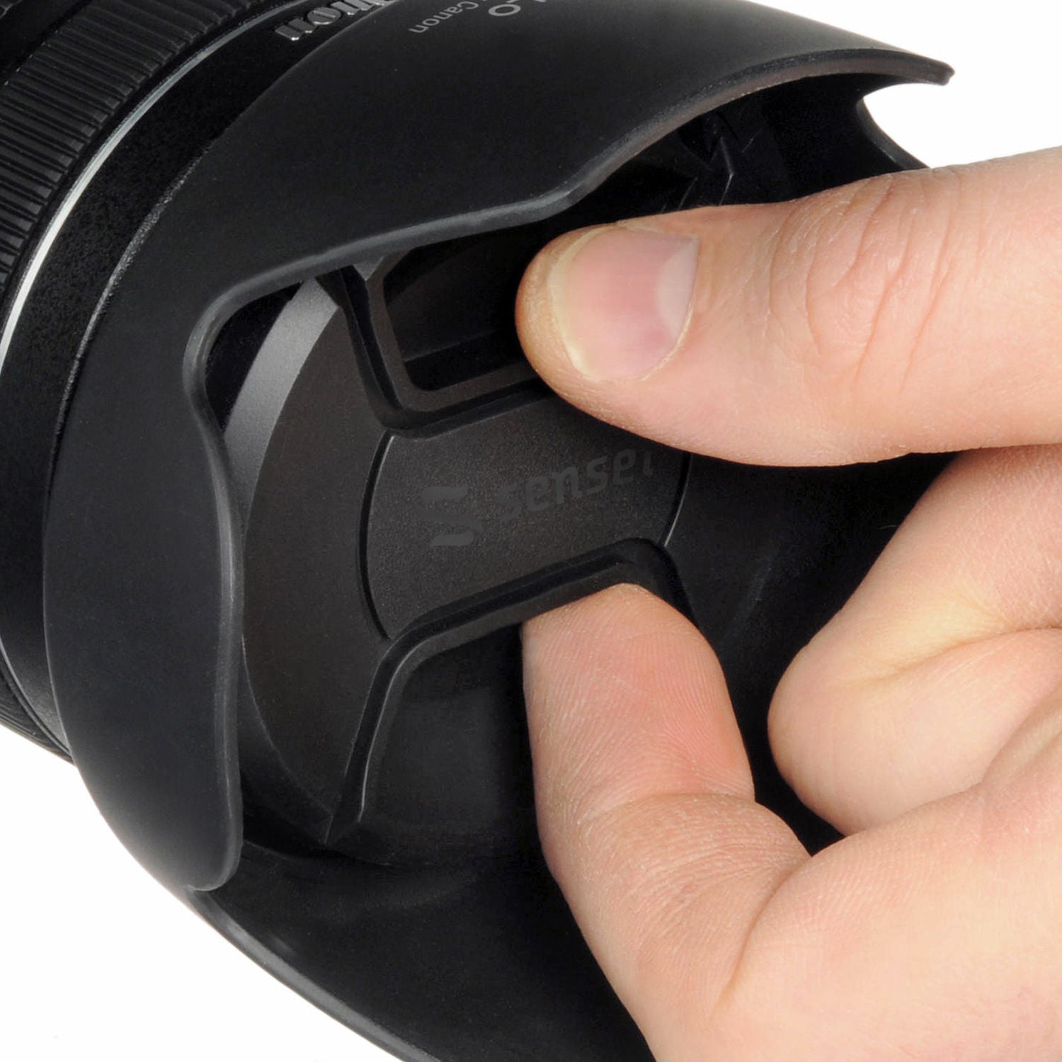Sensei center pinch snap-on lens cap for dust and scratch protection
