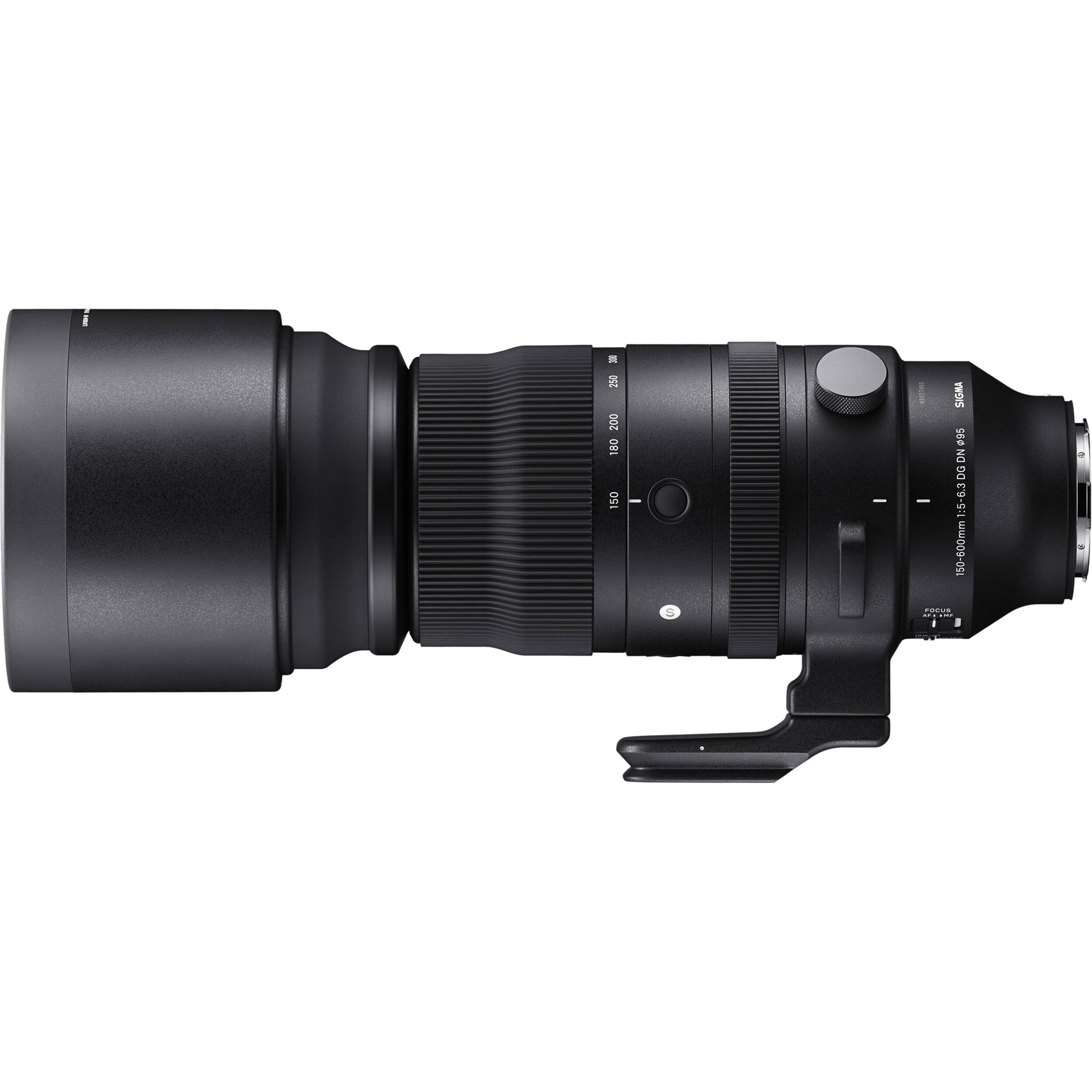 Camera lens with hood on a white background