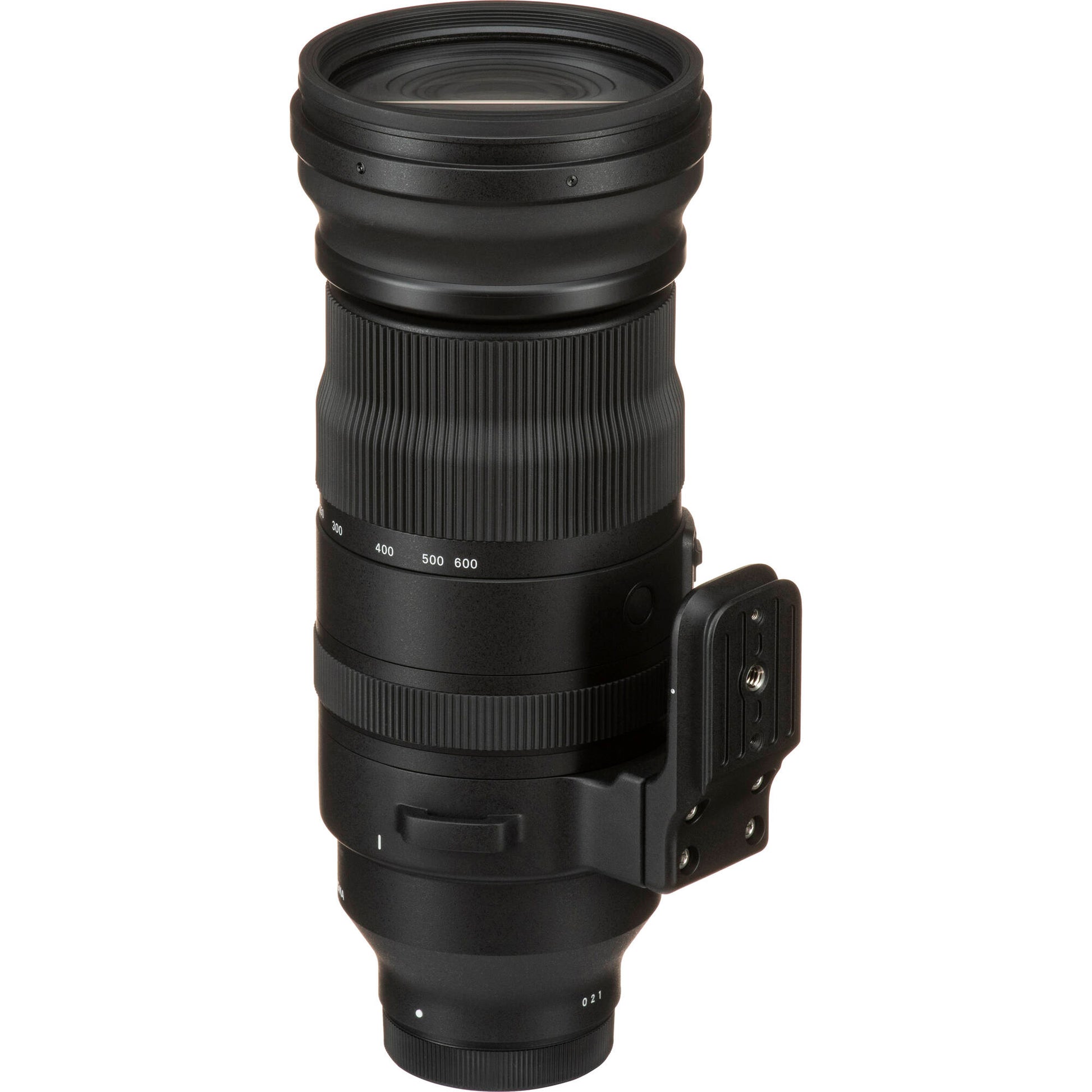 Camera lens with focus scale and tripod foot on a white background