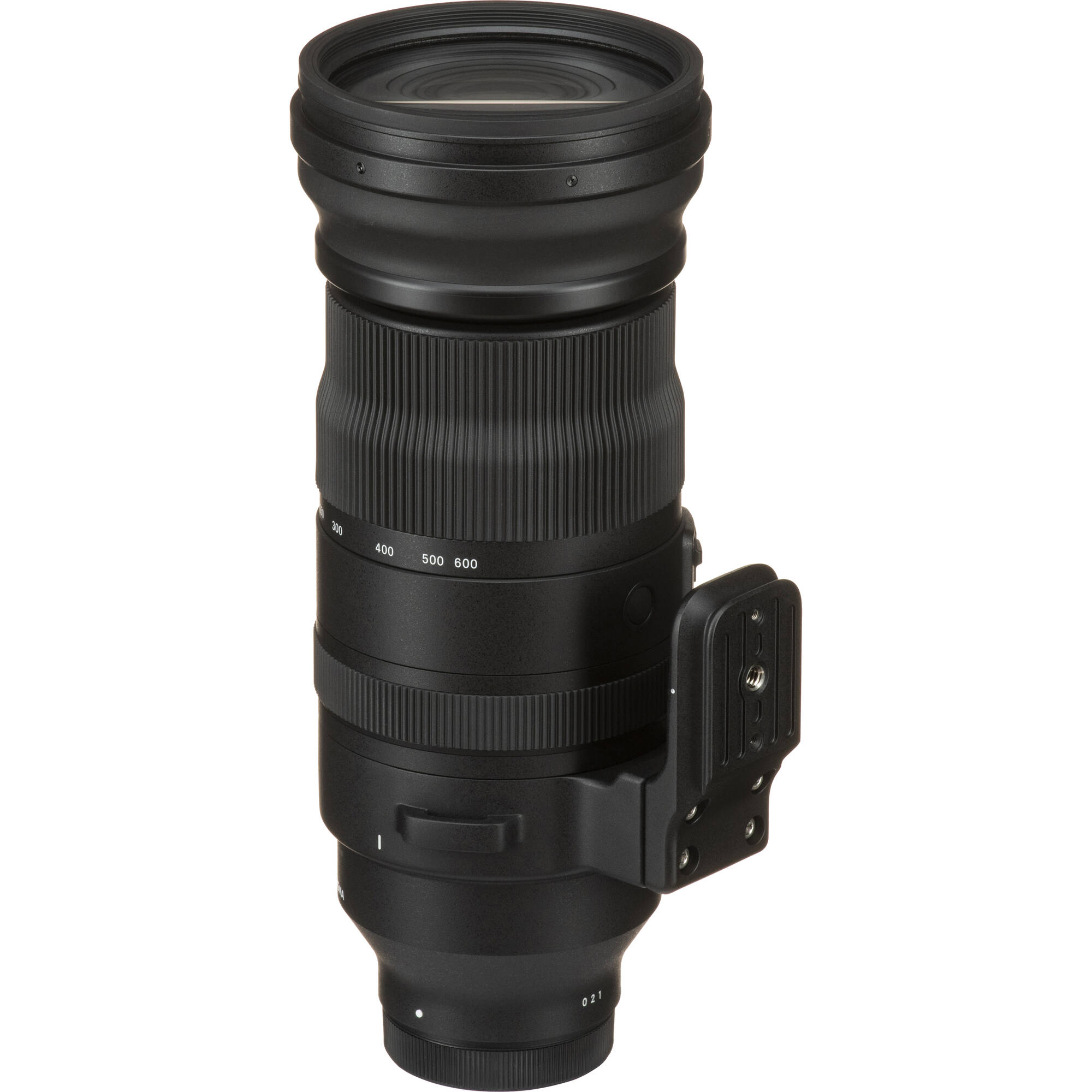 Camera lens with focus scale and tripod foot on a white background