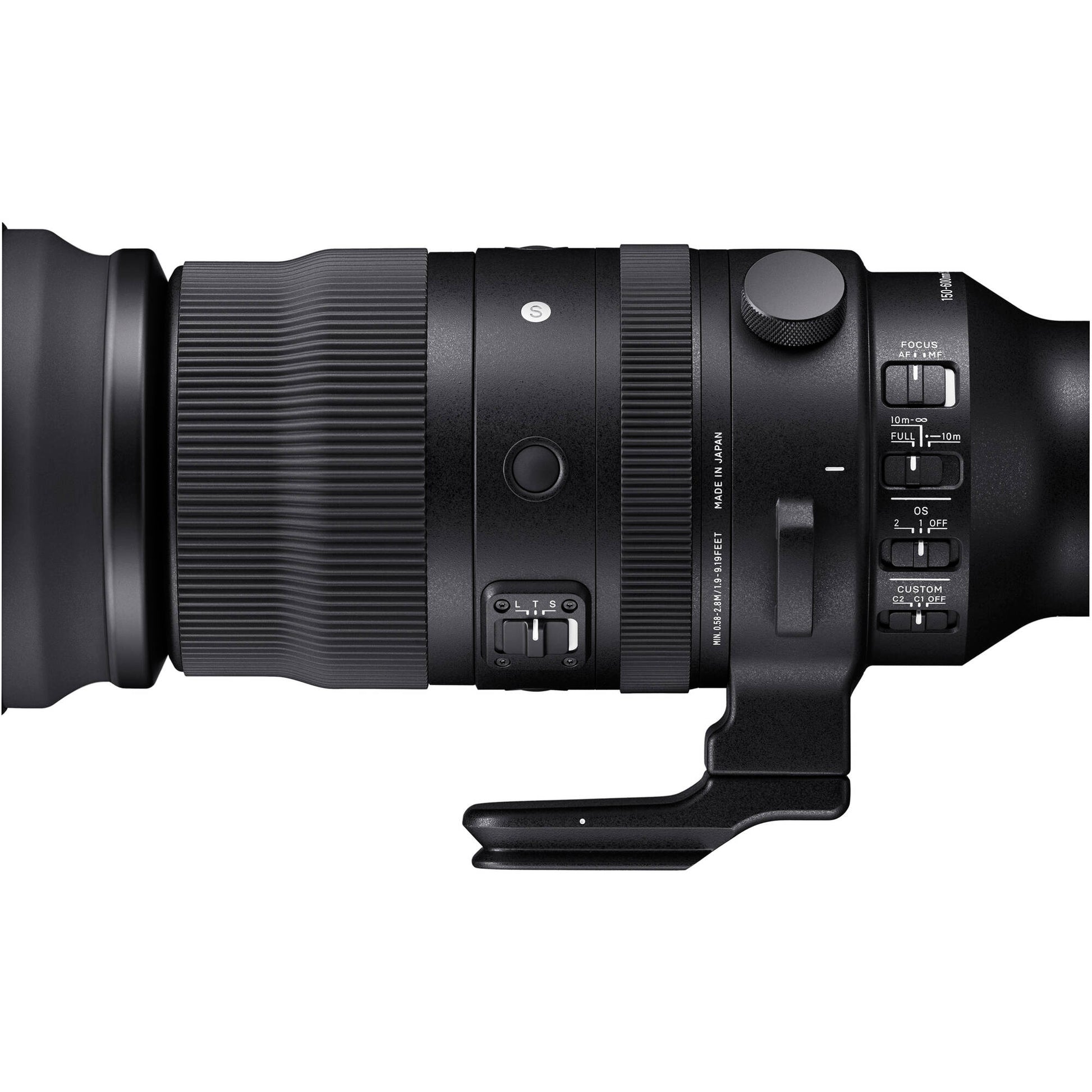 Close-up of a camera lens with control buttons on a white background
