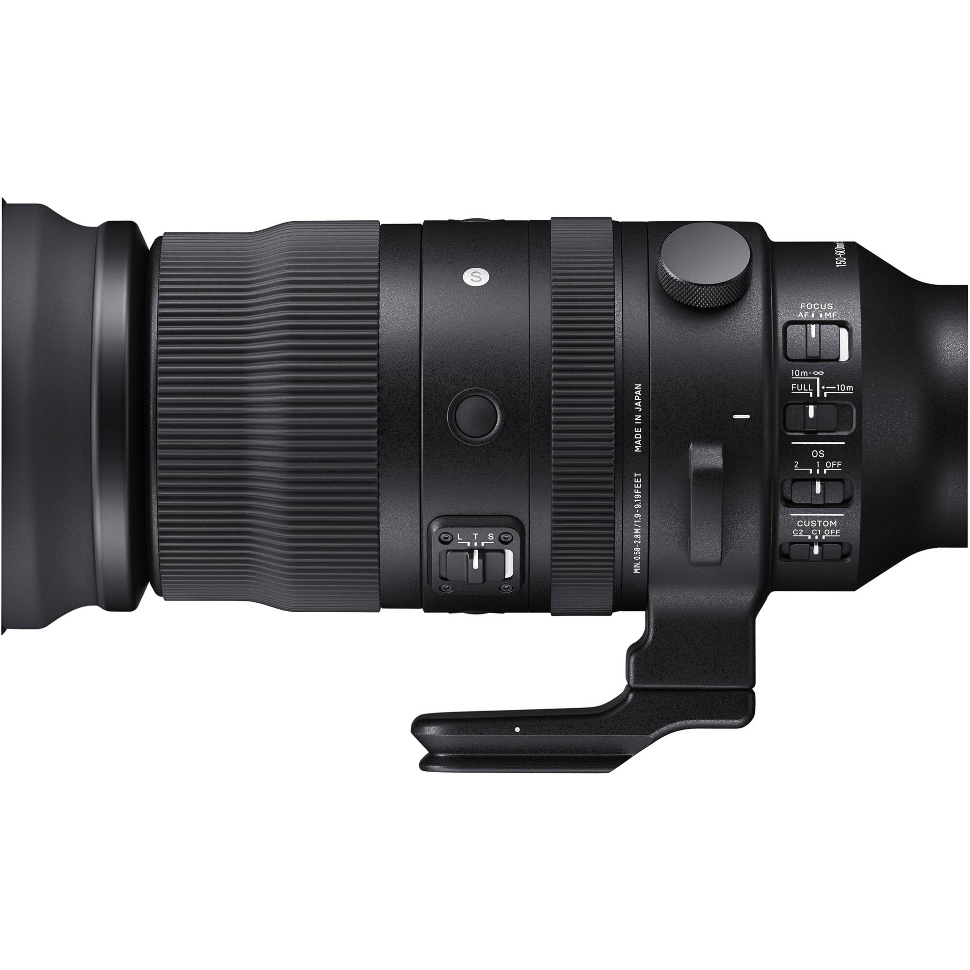 Close-up of a camera lens with control buttons on a white background