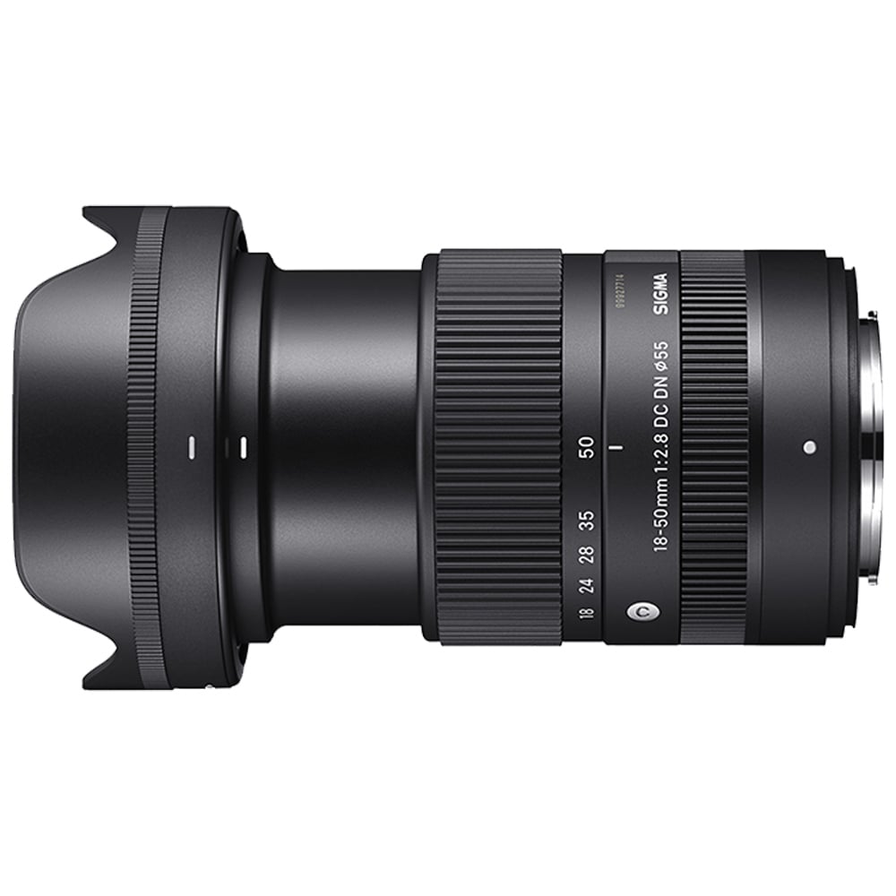 Camera lens with brand name on a white background