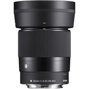 Black camera lens with visible brand name on a white background