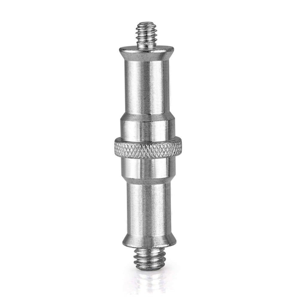 The SKY 1/4"-20 & 3/8"-16 Male Double Ended Spigot is a versatile metal adapter with a 1/4"-20 male thread on one end and a 3/8"-16 male thread on the other, designed to connect various photography and videography equipment.
