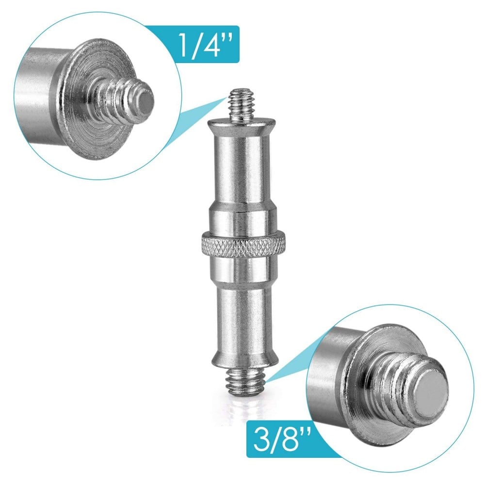 The SKY 1/4"-20 & 3/8"-16 Male Double Ended Spigot is a versatile metal adapter with a 1/4"-20 male thread on one end and a 3/8"-16 male thread on the other, designed to connect various photography and videography equipment.