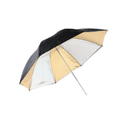 Sky Silver & Gold Umbrella 110 cm – dual silver and gold interior with black backing, offering warm, soft, wrap-around lighting ideal for single-light portraits.