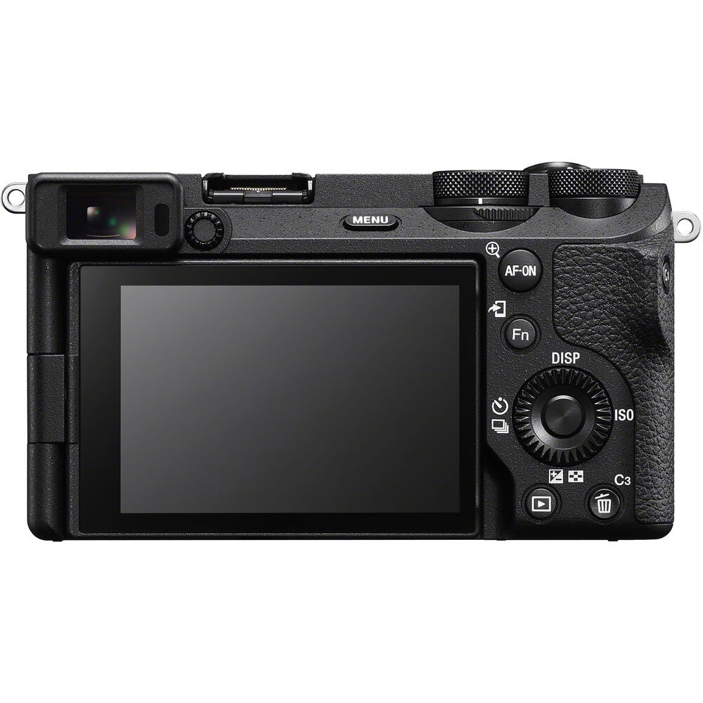 Black camera back with screen and control buttons on a white background