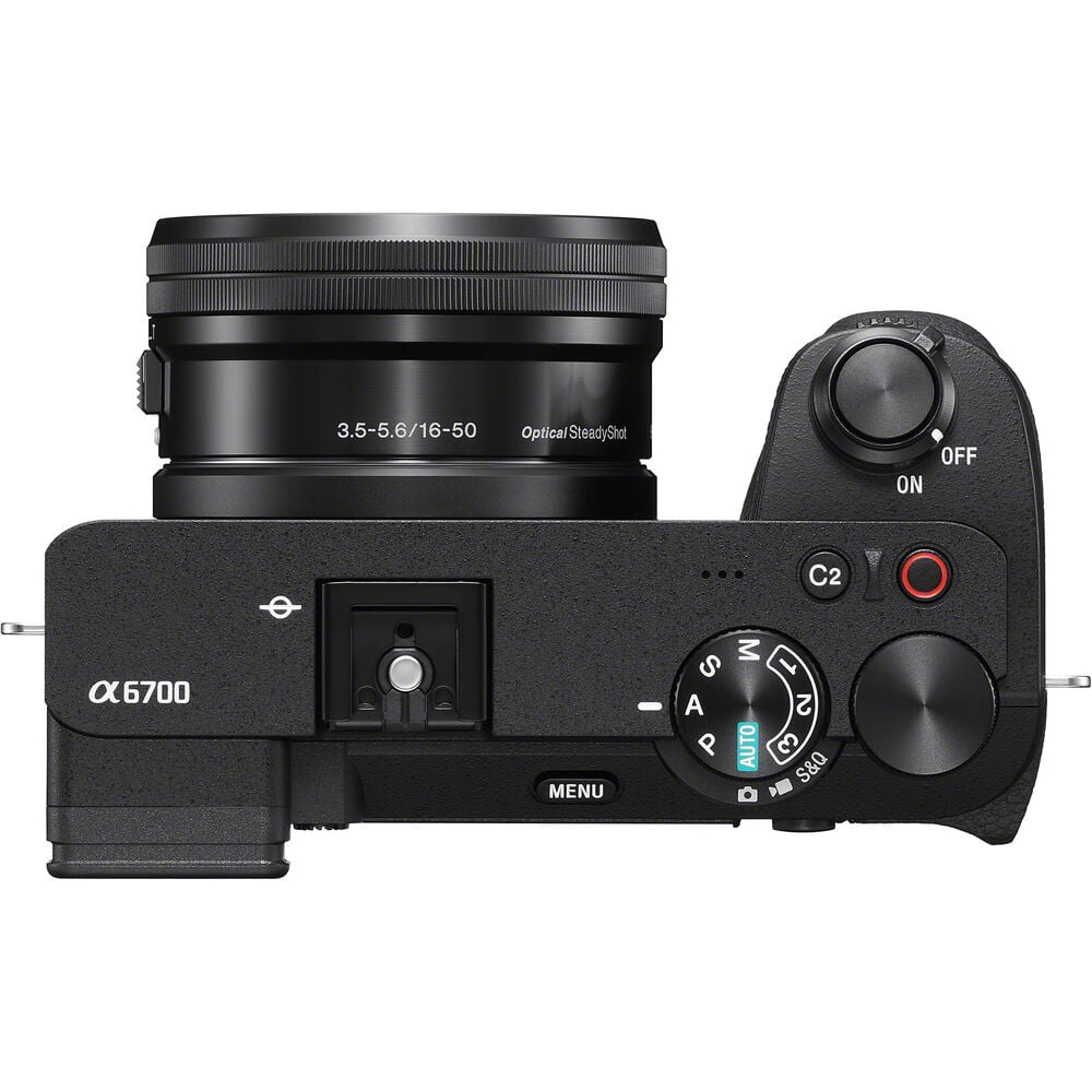 Black Sony camera with lens on a white background