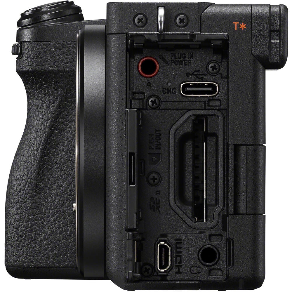 Back view of a black camera body with various ports and connectors.