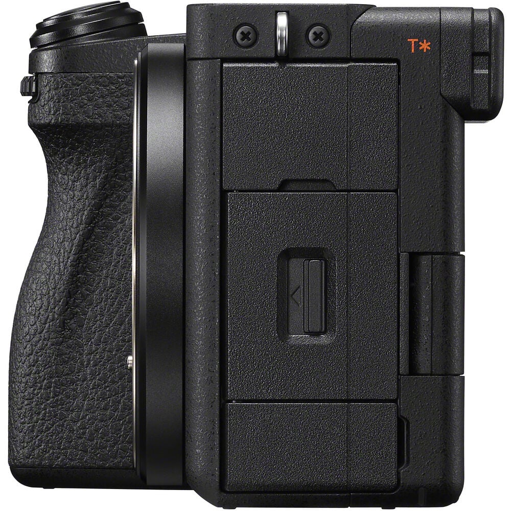 Black camera body with textured grip on a white background