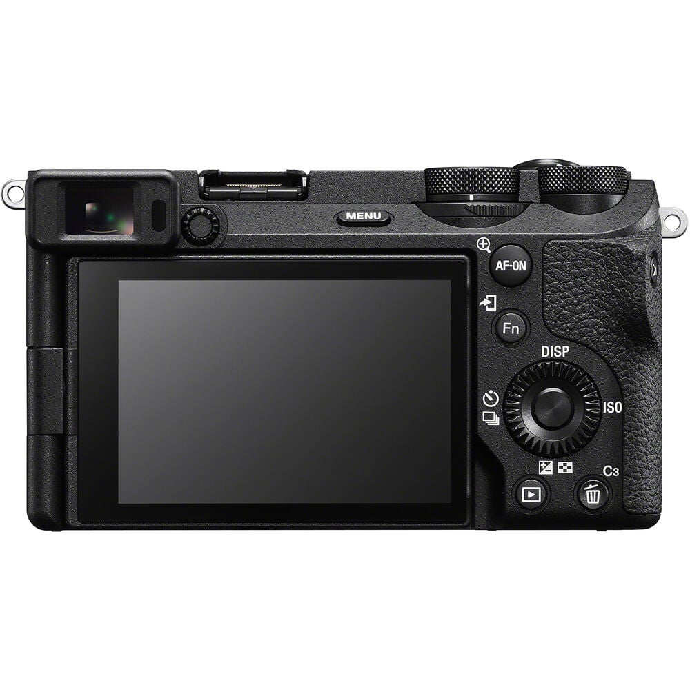 Black camera back with screen and control buttons on a white background