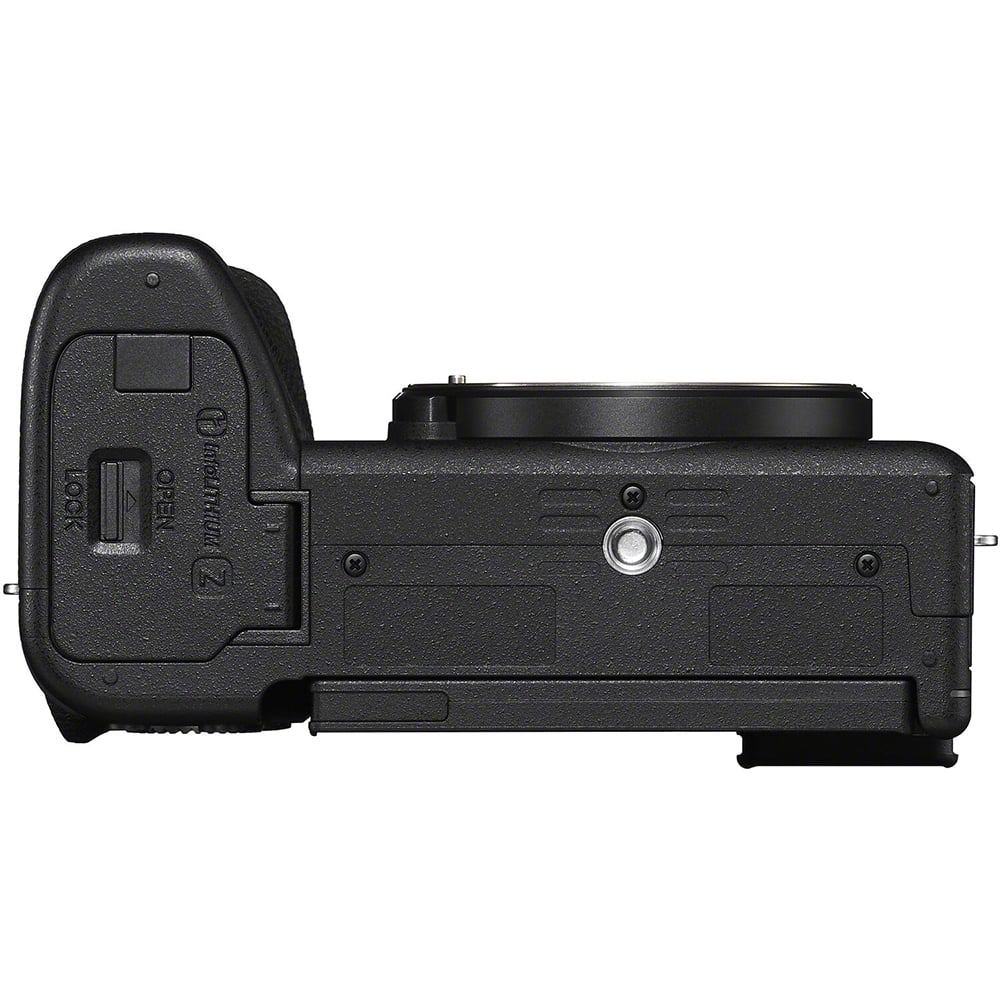 Black camera body on a white background